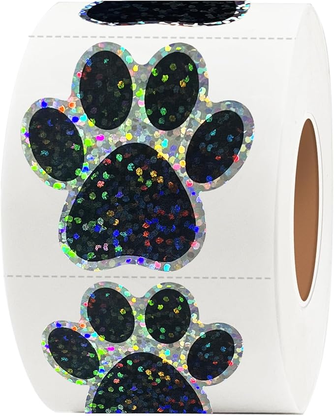 Paw Print Stickers,1.5" Holographic Shiny Bear Paw Print Stickers,Dog Puppy Paw Stickers Bear Paw Stickers with Perforation Line (500PCS,Black)