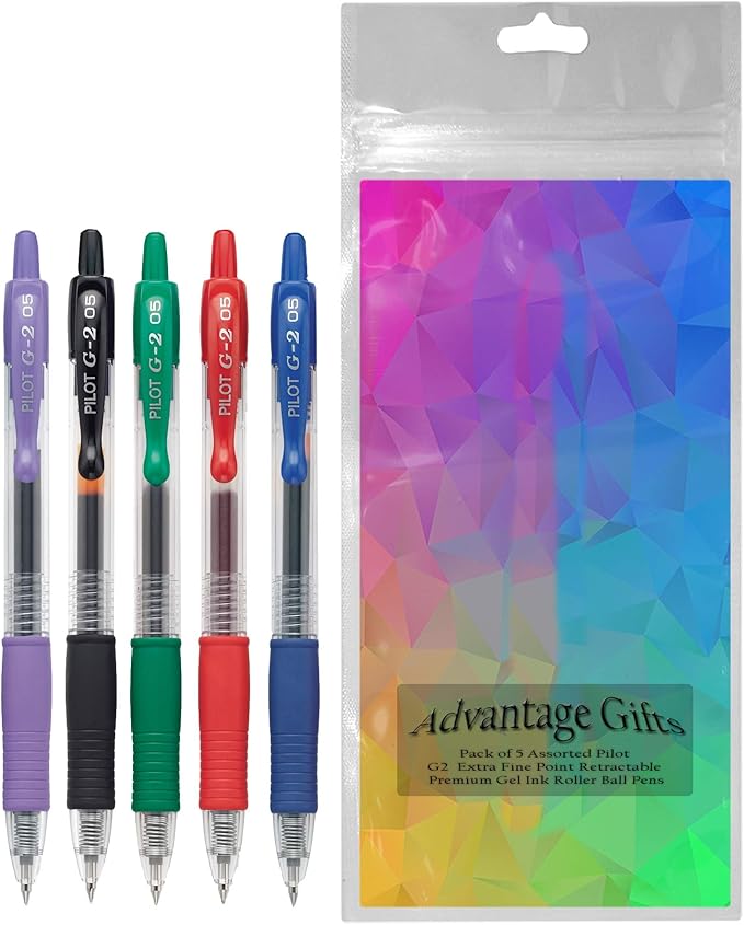 G2 Retractable Premium Gel Ink Roller Ball Pens Extra Fine Point (.5mm) Black/Blue/Red/Green/Purple Ink 5 pack; Refillable & Premium Comfort Grip Bundle with Plastic Reusable Pouch