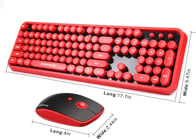 FOPETT Wireless Keyboard and Mouse Combo, 104 Keys Full-Sized 2.4 GHz Round Keycap Colorful Keyboards, USB Receiver Plug and Play, for Windows, Mac, PC, Laptop, Desktop (Black Red)