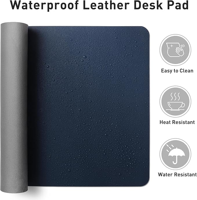 Aothia Leather Desk Pad Protector, Mouse Pad, Office Desk Mat, Non-Slip PU Leather Desk Blotter, Laptop Desk Pad, Waterproof Desk Writing Pad for Office and Home (Dark Blue,23.6" x 13.7")