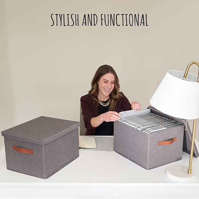ZICOTO Decorative File Organizer Box Set of 2 - Collapsible Linen Filing Cabinets w/Handles Are Perfect to Store all Your Documents & Hanging File Folders - Portable Easy Slide Crates with Lid