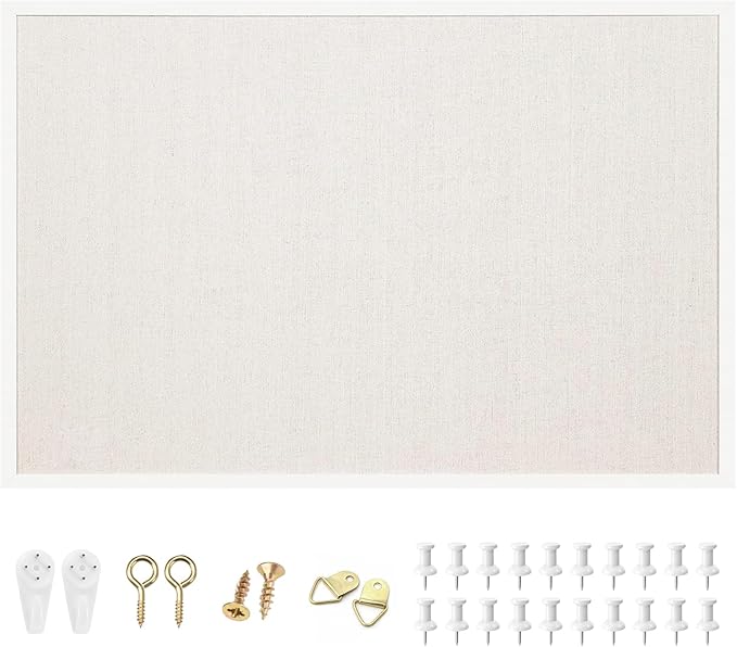 OWLKELA 24'' x 36'' Linen Bulletin Board, White Framed Corkboard, White Oak Frame Linen Cork Board, Vision Board and Decorative Hanging Pin Board