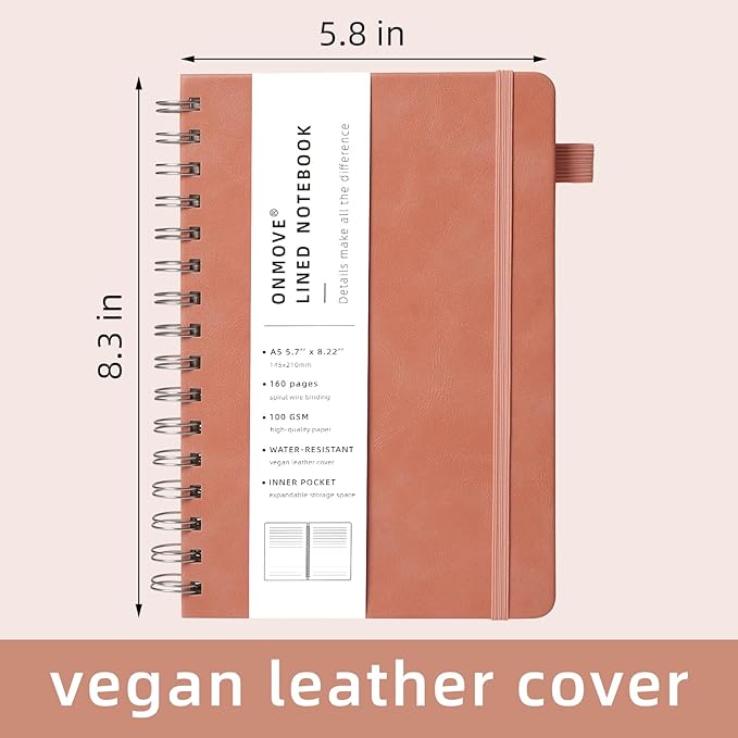 Lined Spiral Notebook Journal for Women Men 160 Pages A5 College Ruled Hardcover Leather with Pen Holder Notebook Journals for Note Taking Work Pink