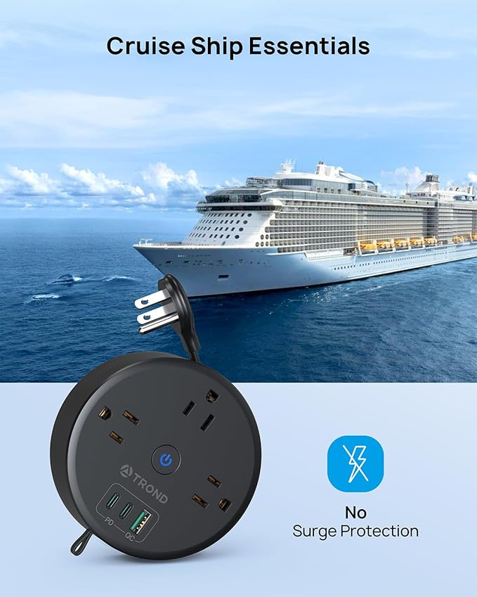TROND 20W USB C Travel Power Strip - Retractable Extension Cord 5ft Ultra Thin Flat Plug, Power Strip with 3 AC Outlets and USB C Fast Charging, Cruise Ship Essentials, for Home Hotel Dorm Room, Black