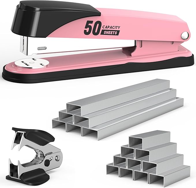 Metal Stapler Heavy Duty 50 Sheet Capacity with 1750 Staples and Staple Remover, Pink Stapler Full Strip Staplers for Desk, No Jam, Non-Slip Office Stapler with Staples for Office & Classroom, Pink
