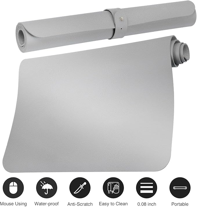 Boutilon Leather Desk Pad 30" x14",Non-Slip Mouse Pad,Office Desk Mat,Waterprooft PU Leather Desk Blotter,Desk Pad Protector,Desk Writing Pad for Home Office Decor (M-Silver)