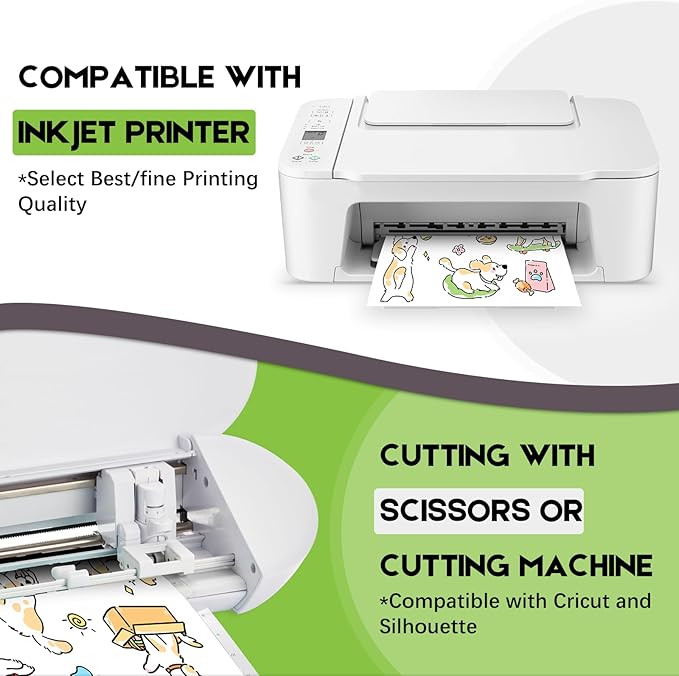 30 Sheets Premium Printable Vinyl Sticker Paper for Inkjet Printers Glossy White 8.5x11 Inch Waterproof & Vibrant Colours Retains Ink Well Tear Resistant Great for Cutting Machines