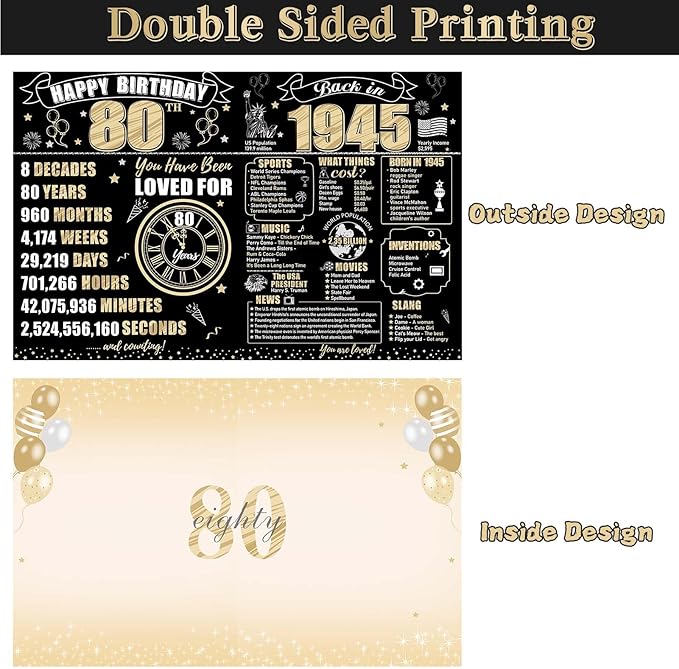 Large 80th Birthday Card With Envelope for Men Women, 1945 Black Gold Happy 80th Birthday Giant Guest Signature Book Gifts, Big Vintage 1945 80th Greeting Card Decoration Party Supplies