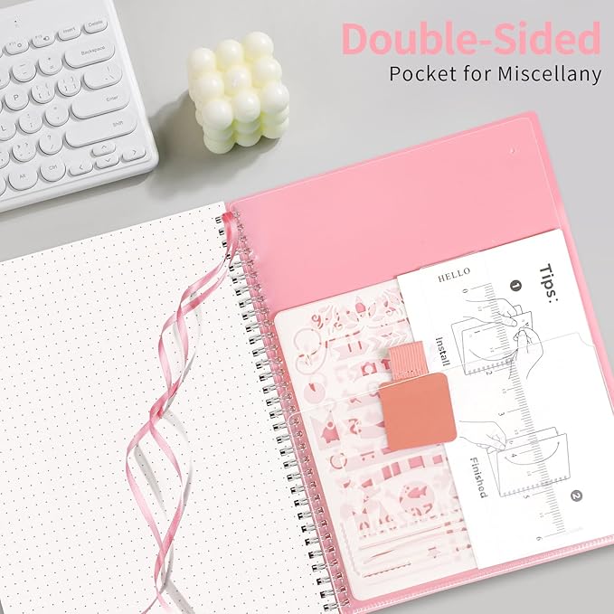 AHGXG Bullet Dotted Journal - Dot Grid Spiral Notebook 8.5" x 11", A4 Large Dotted Notebook, 100 GSM Thick Paper, Waterproof Plastic Cover Journals for Bullet Journaling, Sketching, Pink