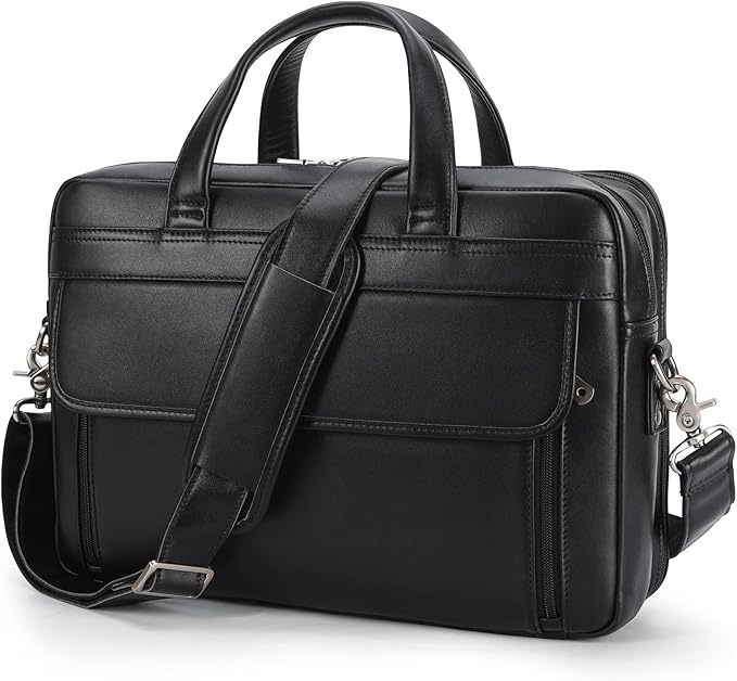 Masa Kawa Leather Briefcase for Men 15.6" - 17" Laptop Computer Case Business Travel Work Messenger Cross Body Shoulder Bag