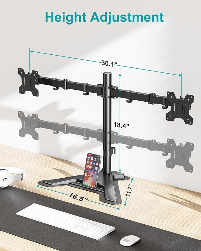 MOUNT PRO Dual Monitor Stand, Free-Standing Full Motion Monitor Desk Mount Fits 2 Screens up to 27 inches,17.6lbs with Height Adjustable, Swivel, Tilt, Rotation, VESA 75x75 100x100, Black