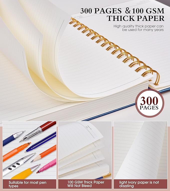 Spiral Notebook Journal 8.5” x 11”, 300 Pages Hardcover Leather Lined Journals for Women Men, A4 Large College Ruled Notebooks with 100 GSM Thick Paper, Spiral Journal for Writing Work School, Navy