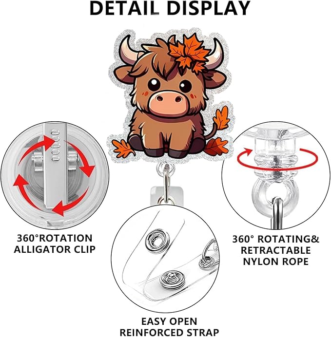 Cow Badge Reel Retractable ID Name Holder Alligator Clip DIY Crafts Halloween Cute Highland Cow Badge Reels Acrylic ID Clip for Nursing Nurse Teacher Student Badge Clip Decor
