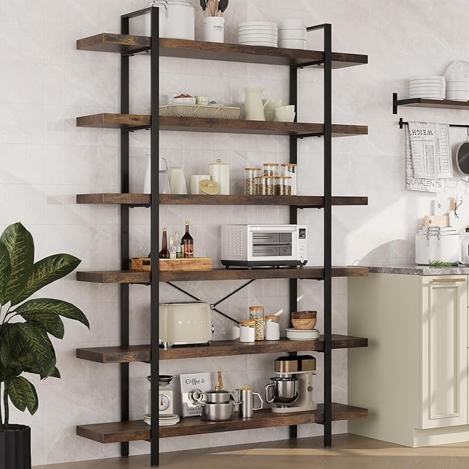 Heavy Duty 6-Tier Industrial Bookcase, 47" Wide Wood Bookshelf for Home Office, 120lbs Shelf Capacity, Rustic Open Shelving Display with Reinforced Horizontal Shelf for Living Room Bedroom