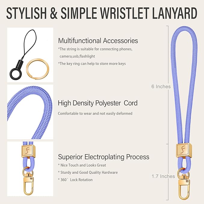 Fishent Keychain Wristlet lanyard, Cute Key Chain Holder, Upgraded Woven Wrist Lanyard for Keys, Wristlet Strap Keychain for Women Men Car Keys ID Badges Card Wallet Phone (Lavender)