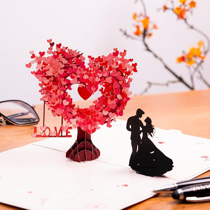 3D Romantic Pop-Up Anniversary Card for Couple, Love Tree Hearts Couple Love Pop Card for Wife or Husband, Perfect PopUp Wedding Card for Valentine's Day or Anniversary