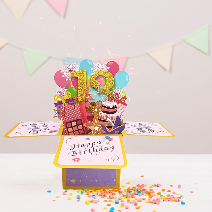 Asmallgf Happy 13th Birthday Pop Up Card for Girl Boy, Sweet Thirteen Year Old Birthday Gift Idea for Daughter Niece, Funny 13 Bday 3D Greeting Card for Him Friends