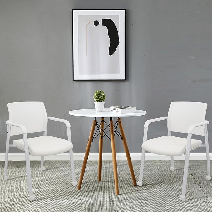 CLATINA Stacking Office Chairs with Wheels | Mesh Back, Thicken Leather Seat and Streamline Armrests, Ergonomic Lumber Support | School, Desk, Guest Reception, Waiting, Conference | Set of 4, White