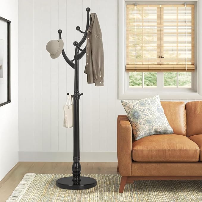 Wood Coat Rack Coat Tree Freestanding with Hooks, Heavy Duty Standing Coat Rack with Solid Round Base, 74” Tree Shaped Coat Hanger Stand for Clothes, Hat, Jacket, Entryway Bedroom, Balck