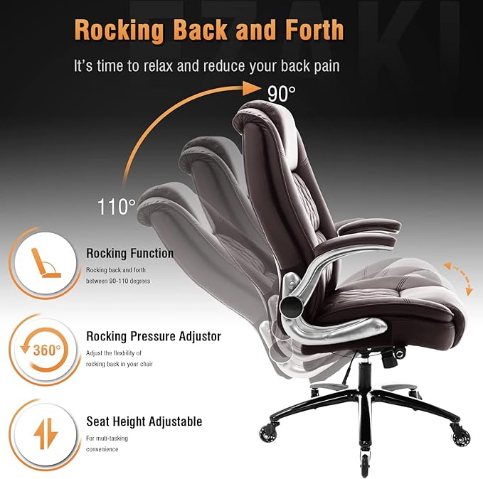 EZAKI High Back Office Chair-Flip-up Arms Executive Computer Desk Chair, Built-in Lumbar Support Thick Padded Adjustable Rock Tension Ergonomic Design for Back Pain (Brown)