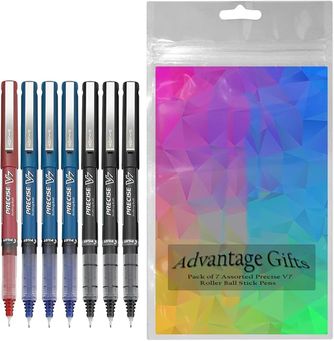 Precise V7 Rolling Ball Stick Pens, Fine Point 0.7mm Assorted Color Red Ink, Black and Blue 7 pack, Fine Point Stick Pen for Precise Writing Bundle with Free Reusable Plastic pouches
