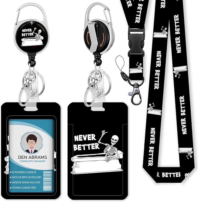 Lanyards for Id Badges, Funny Badge Holder with Retractable Badge Reel Clip, Skull Skeleton Work Card Name Tag Keychain Lanyard Vertical ID Card Protector for Women Nurse Doctor Teacher Student