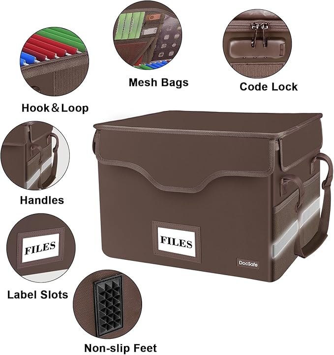 DocSafe File Box Fireproof Document Box with Lock, File Storage Organizer Box with Pockets,Collapsible Portable File Box Home Office File Cabinet with Handle for Hanging Letter/Legal Folder,Brown