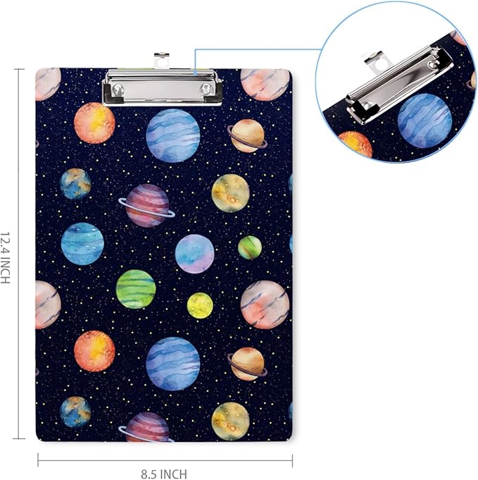 WAVEYU Cute Hardboard Clipboard for Kids Boys, Clipboard with Low Profile Clip for Students Classroom School and Office Use 12.5"x 9", Planet Pattern