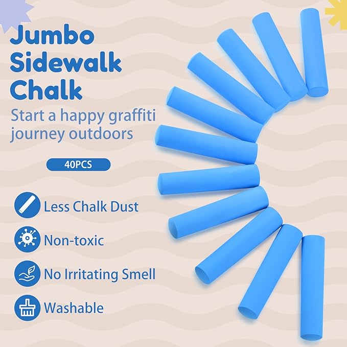 Fulmoon 40 Pcs Jumbo Sidewalk Chalk for Kids Outdoor Art Non Toxic Large Washable Street Chalk for Adults Drawing Painting Classroom(Blue,Round Style)