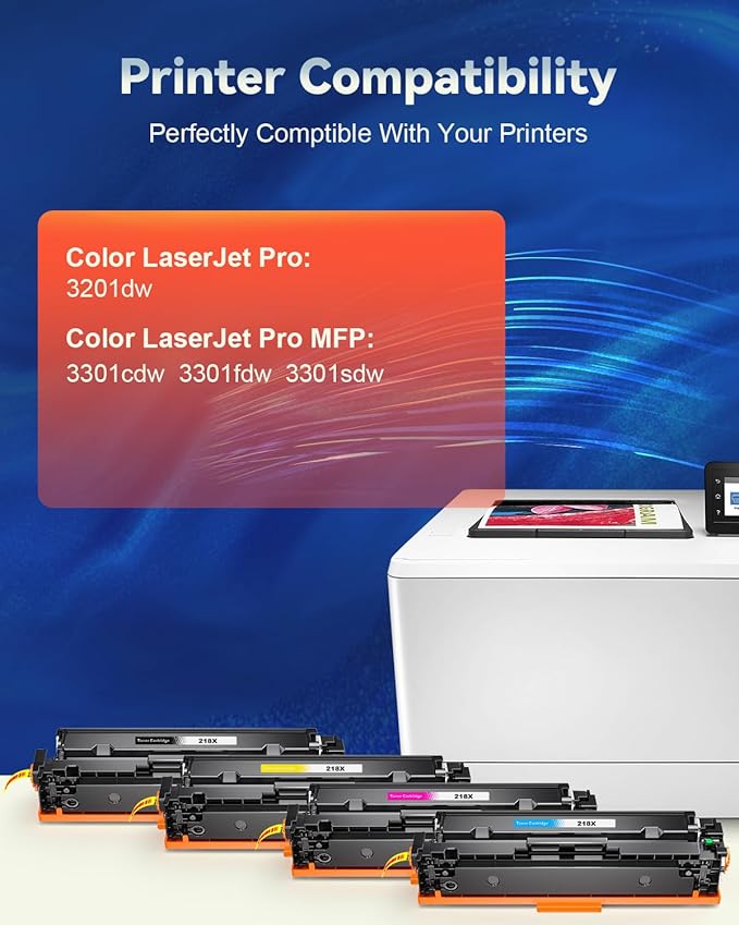 218X Toner Cartridges 4 Pack High Yield (with Chip) Compatible Replacement for HP 218X 218A for Color Laserjet Pro 3201dw MFP 3301fdw 3301cdw 3301sdw Printer Ink Set W2180X(Black Cyan Yellow Magenta)
