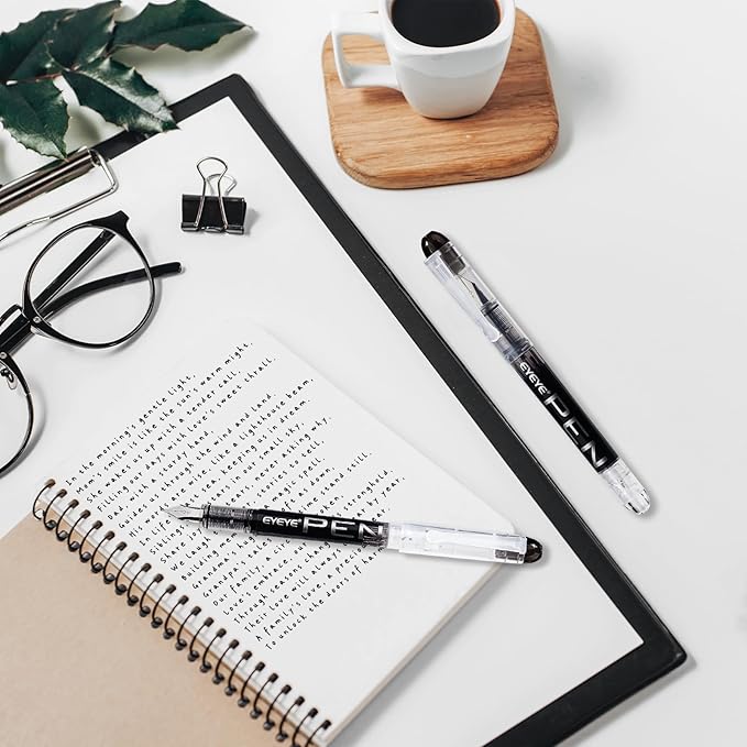 EYEYE Disposable Fountain Pens Fine Point, 8 Pack Black Calligraphy Pens for Writing, Stainless Steel Nib, Smooth Writing for Journaling, Drafting, Sketching, Doodling & Office Supplies