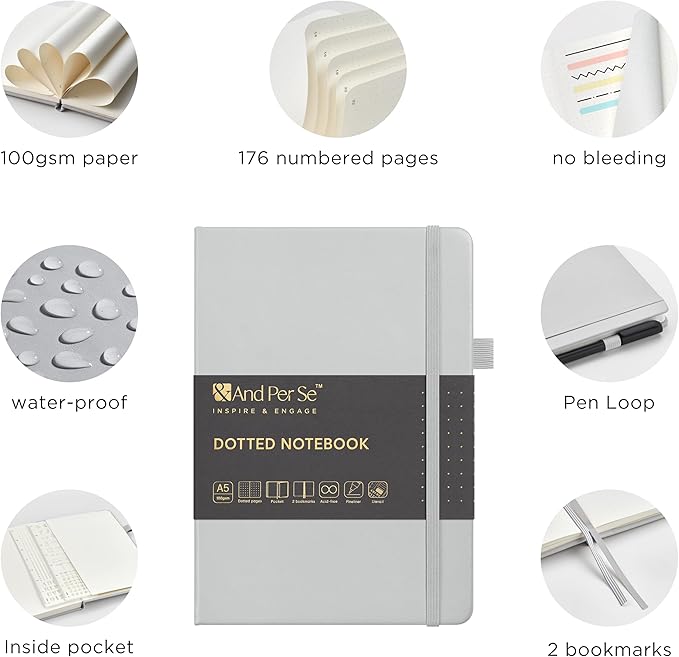 &And Per Se Bullet Dotted Journal Notebook, A5 Leather Hardcover, 176 Numbered Pages 100GSM Thick Dotted Paper, 2 Sheets of Stencils Included - 5.7'' x 8'' (Grey)