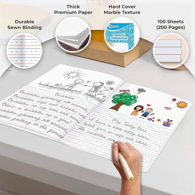 5 Pack Primary Composition Notebook, 200 Pages (100 Sheets), Drawing Story Journal Writing Notebook, 9-3/4 x 7-1/2, Primary Composition Notebook for Kids, Grades K-2, With Header For Drawing