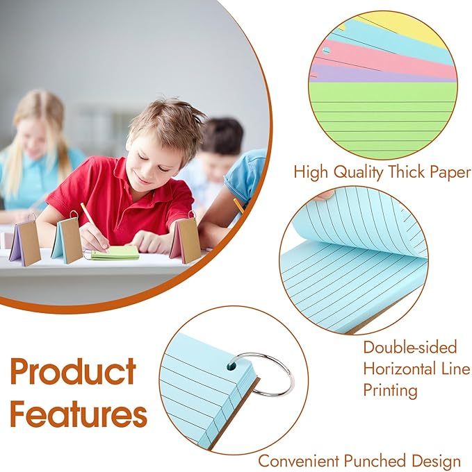 350 Pcs Index Cards With Ring, 3x5 Inches Flash Cards With Rings，Colored Heavy Notecards With Ring, Punched Lined Study Cards For School, College, Home, Office, Memory, To Do List (5 Colors)