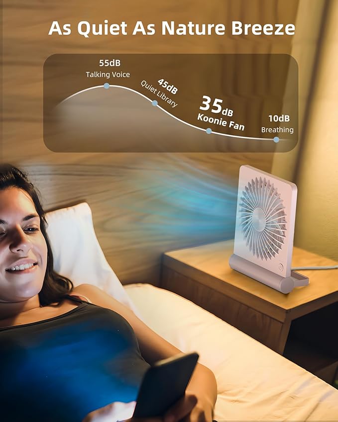 Koonie USB Fan, Strong Wind Ultra Quiet Small Desk Fan 220° Tilt Folding 3 Speeds Adjustable USB-C Corded Powered Personal Fan for Home Office Desktop Pink
