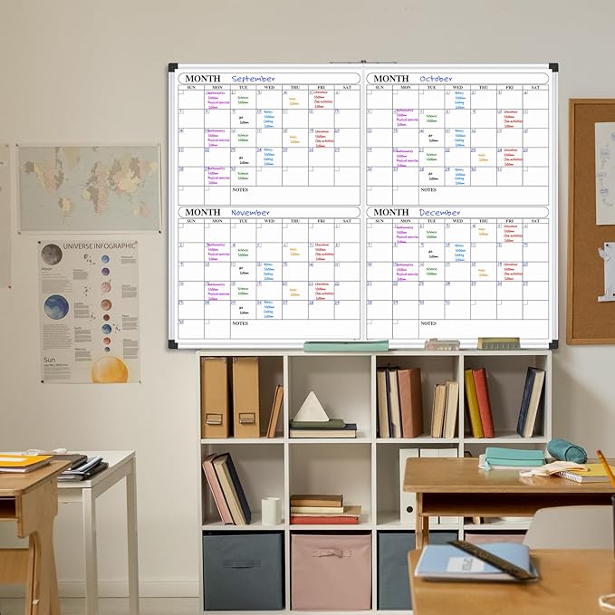 XBoard Magnetic Calendar Whiteboard 48x36 inch, 4 Month Foldable Dry Erase Board Planner, Silver Aluminium Framed White Board Calendar for Home School Office Organization