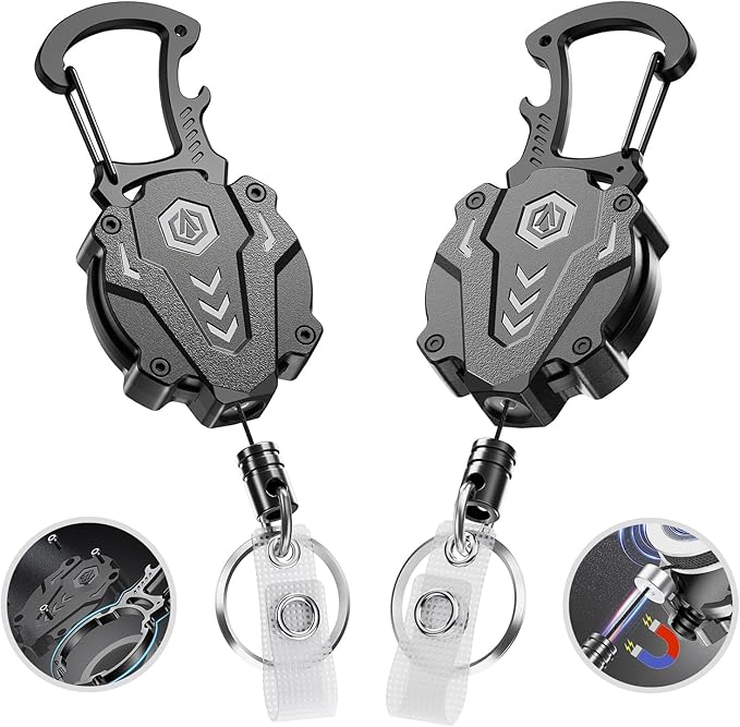 2Pack Heavy Duty Retractable Keychain, Tactical ID Badge Holder Reel Carabiner Clip with Magnetic Closure for Men, Unbreakable Sandwich Construction with 31" Dyneema Cord, Bearing 25oz