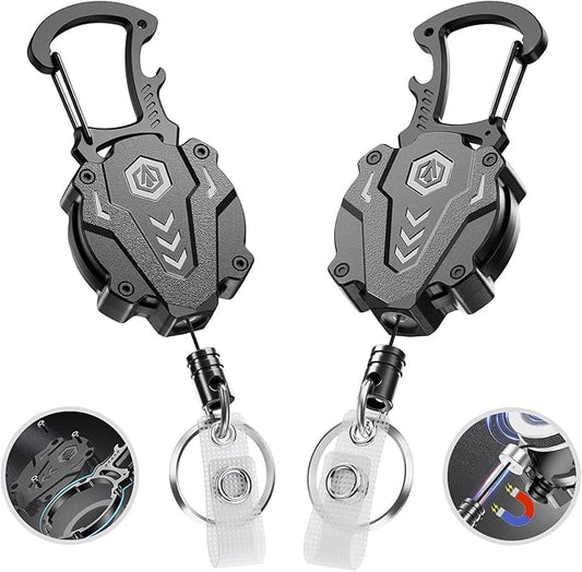 2Pack Heavy Duty Retractable Keychain, Tactical ID Badge Holder Reel Carabiner Clip with Magnetic Closure for Men, Unbreakable Sandwich Construction with 31" Dyneema Cord, Bearing 25oz