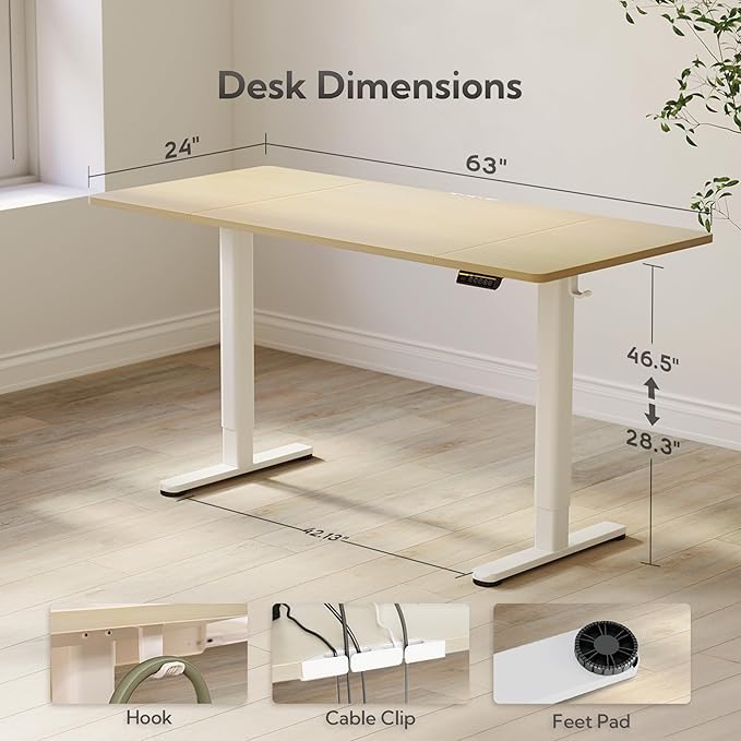 Electric Standing Desk, Adjustable Height Stand up Desk, 63x24 Inches Sit Stand Home Office Desk with Splice Board, White Frame/Nature Top