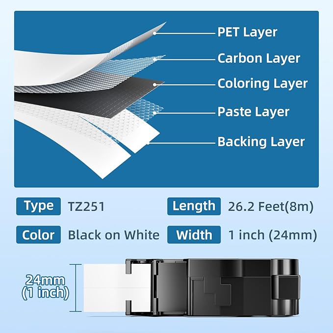 Airmall TZe-251 Compatible with Brother Label Maker Tape 24mm .94 White Replacement for Brother P-Touch Label Tape TZe251 TZ-251 Black on White 1 Inch for PT D610BT D600 700 P710BT PTP750W, 4-Pack