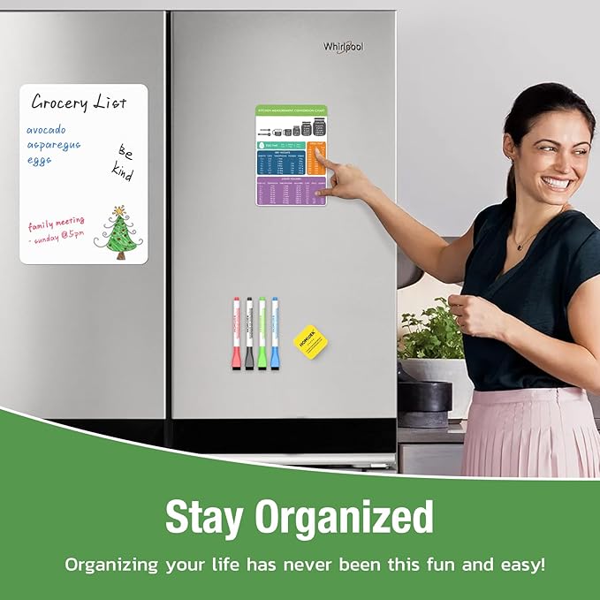 Magnetic Dry Erase Board: Small Fridge Whiteboard, Flexible Refrigerator Magnet White Board, Blank Writing Note Sheet with Kitchen Conversion Chart Magnet, 4 Markers & Eraser - 20 x 13