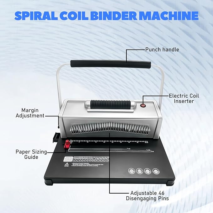Coil Spiral Binding Machine,46 Holes Spiral Coil Binder with Electric Coil inserter,Manual Book Maker Punch Binder with 100pcs Plastic Coil and Plier