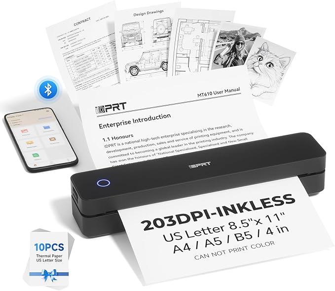 iDPRT Portable Printer Wireless for Travel - 203DPI Bluetooth Mobile Printer Support for 8.5"x11" US Letter, Inkless Compatible with iOS, Android, Laptop for Office, Car and Home, School