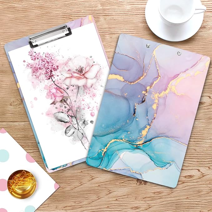 WAVEYU Cute Hardboard Office Clipboard, Clipboard with Low Profile Clip Designed for Students Classroom School and Office Use, Colorful Marble(12.5"x9")