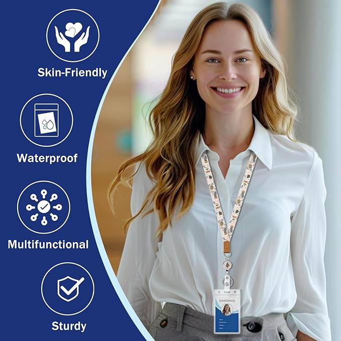 Giancomics Lanyards for Id Badges, Leaf Cute Lanyards with Retractable Reel, Boho Waterproof ID Badge Holder for Cruise Ships Cards Key, Office Work Name Tag Zip Card Protector 2 Pack