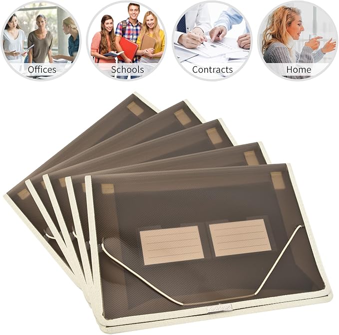 Expanding File Folder Document Organizer r with Flap and Cord Closure, Waterproof Transparent Document Bag, 2.8" Expansion, Letter A4 Expandable File Folder for Home School Office Organization，5 Pack