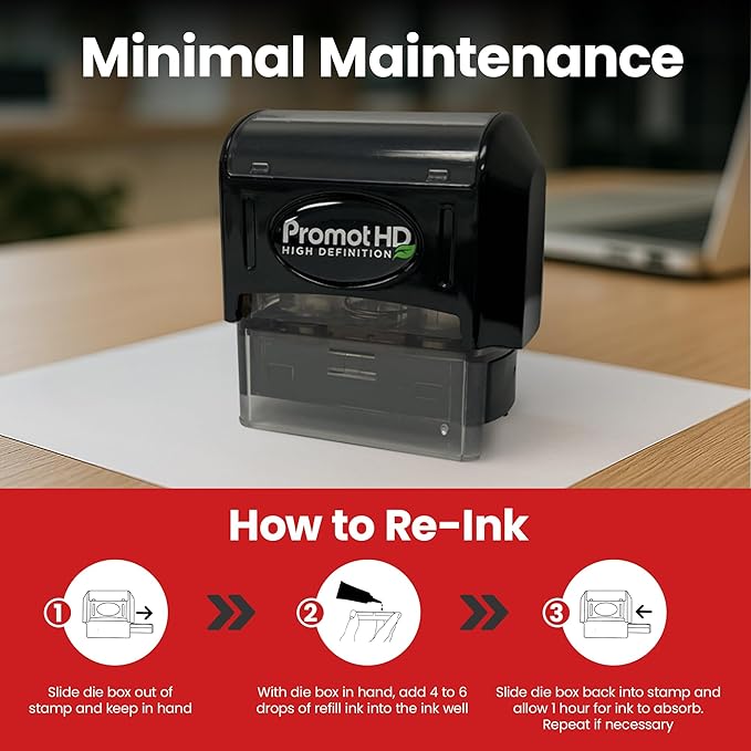 Promot Pre-Inked Custom Deposit Stamp - Personalized Text, Refillable Custom Stamp with Built-in Ink Reservoir, Easy 3-Step Re-Inking, Customized Rubber Stamp for Bank and Businesses (3-Lines)