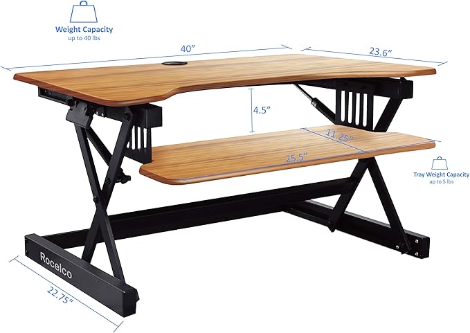 Rocelco 40" Large Height Adjustable Standing Desk Converter - Quick Sit Stand Up Dual Monitor Riser - Gas Spring Assist Computer Workstation - Retractable Keyboard Tray - Teak Wood Grain (R DADRT-40)