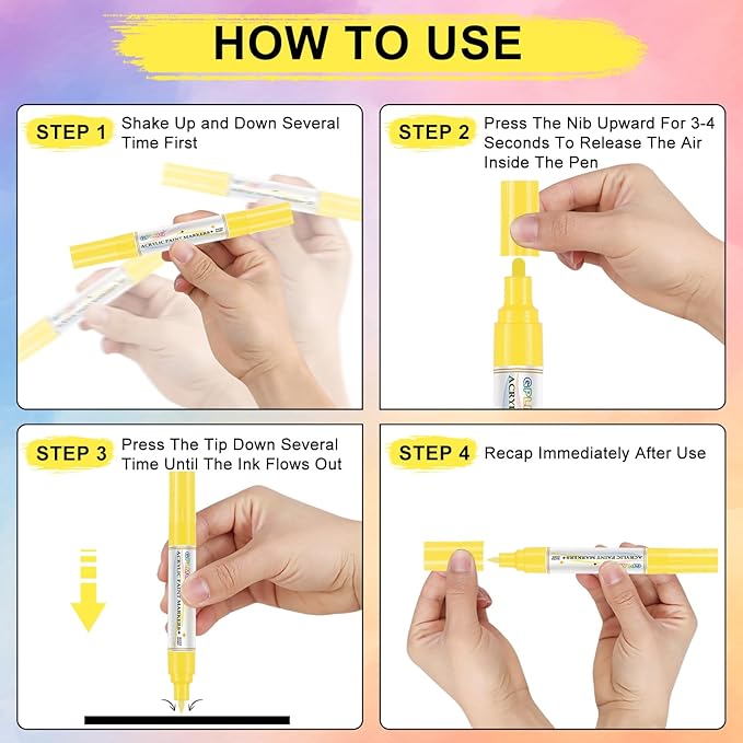 Paint Markers Paint Pens - 2 Pack Dual Tip Acrylic Permanent Marker (0.7mm & 3mm), Non-Toxic, Water-Based for Art Painting, Stone, Ceramic, Glass, Wood, Fabric, Metal, DIY Crafts (Yellow)