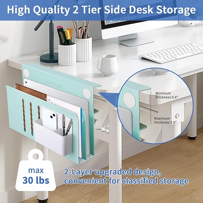 LUKETURE Desk Side Storage, 2 Tier Steel Hanging Organizer, No Drill Side Desk Organizer, Laptop Holder, with Pen Holder, Hanging Table Storage for Office and Home (Blue, L(2 Tier))